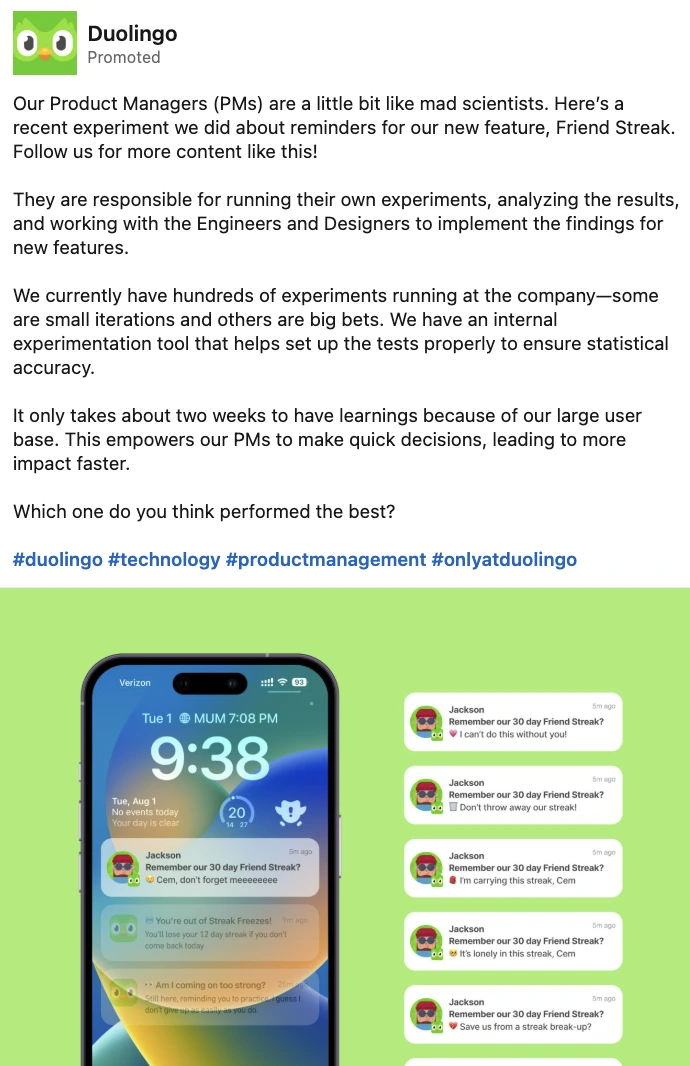 Duolingo ad explaining how product managers run fast experiments. Text details an internal experiment around the “Friend Streak” feature. At the bottom, a phone screen shows humorous push notifications encouraging a user to maintain a streak.