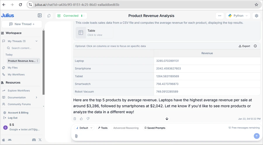 "Julius AI dashboard displaying a product revenue analysis with a table of average revenues by product type and a written summary of insights generated from CSV data."