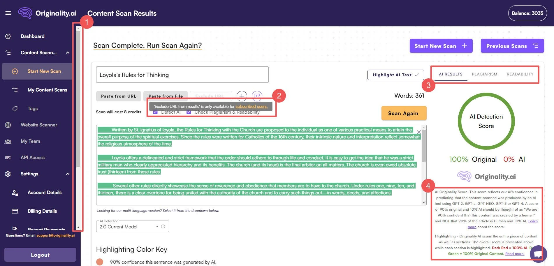 "Originality.AI scan results interface displaying AI detection score, content originality, readability analysis, and highlighted AI-generated versus human-written sections."