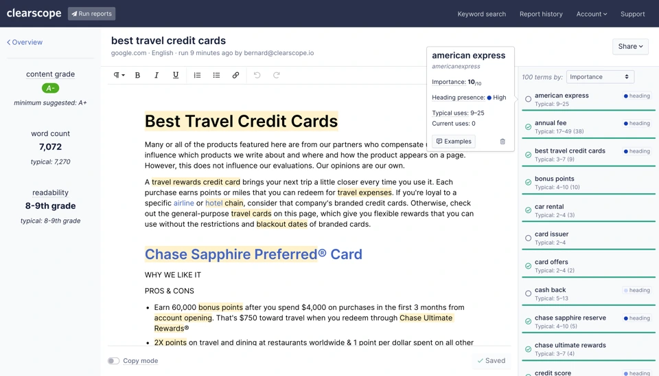 "Clearscope content editor with a keyword sidebar and on-page SEO optimization for a blog on travel credit cards, including keyword importance and usage stats."