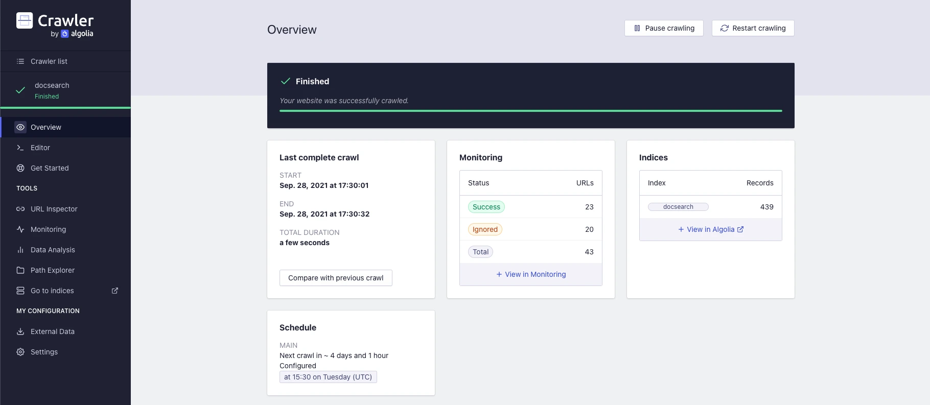 "Algolia Crawler dashboard showing website crawl status, monitoring stats, indexing info, crawl schedule, and options for editing or restarting the crawl."