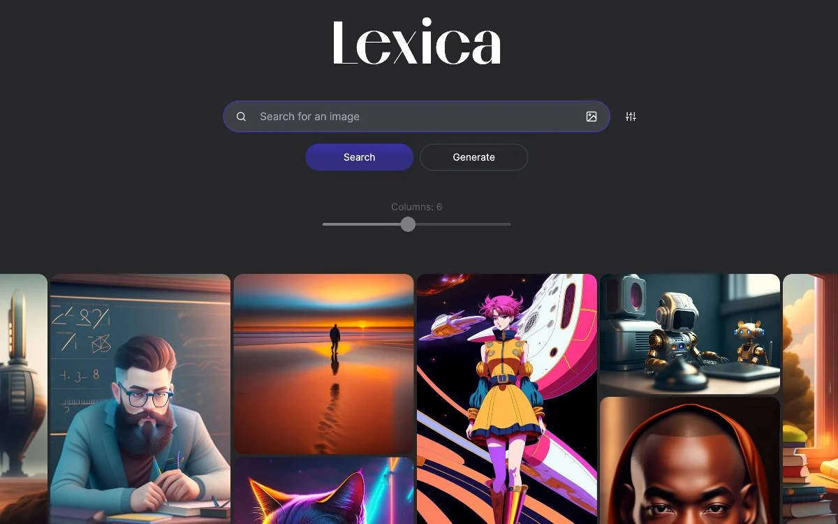 "Lexica interface with search and generate options for AI-generated images, showing a grid of vibrant digital artwork thumbnails including characters and landscapes."