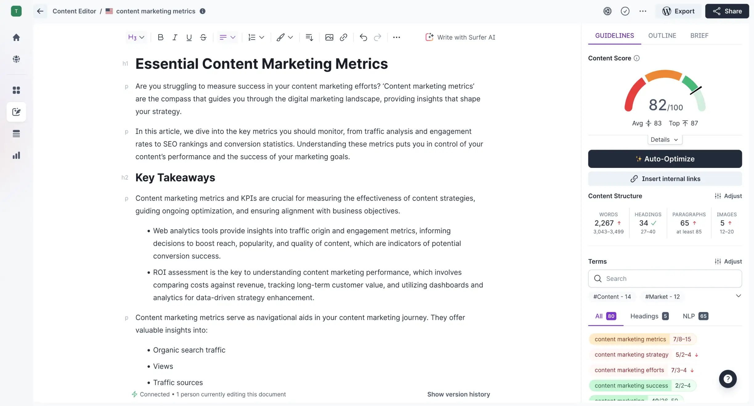 "SurferSEO content editor interface showing content score, keyword optimization panel, and a blog draft on content marketing metrics with suggestions for improvement."