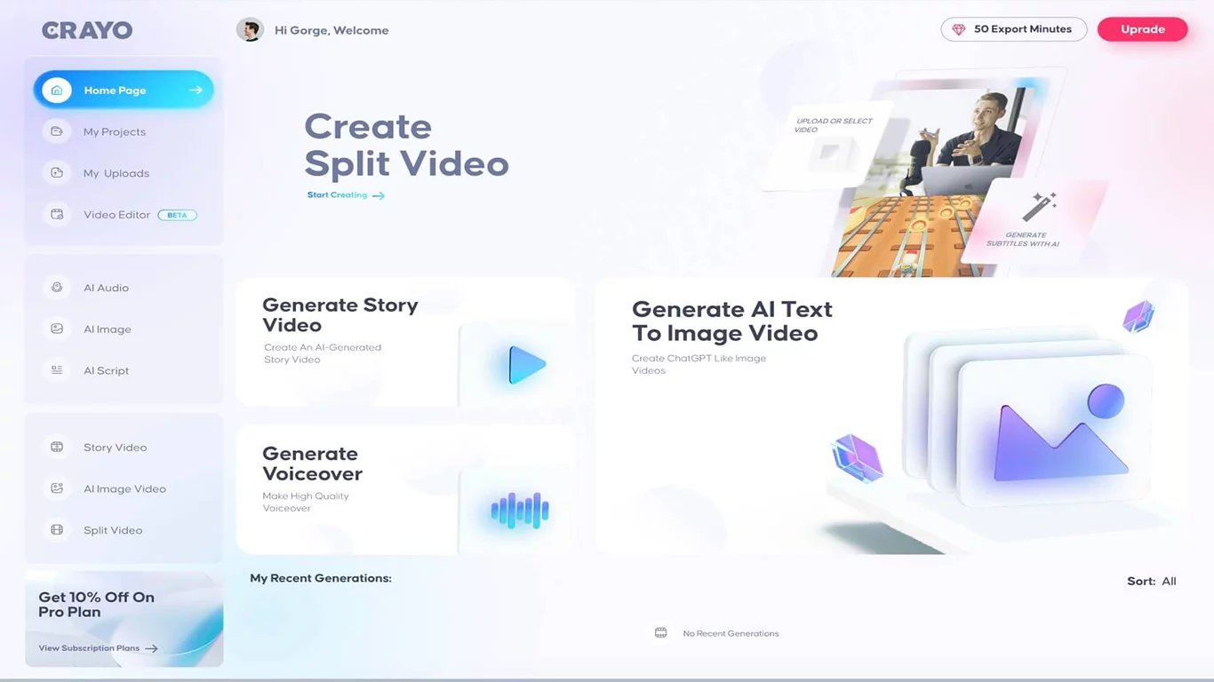 "Crayo dashboard for AI-powered video creation with options to generate story videos, text-to-image videos, and voiceovers, plus access to recent projects."