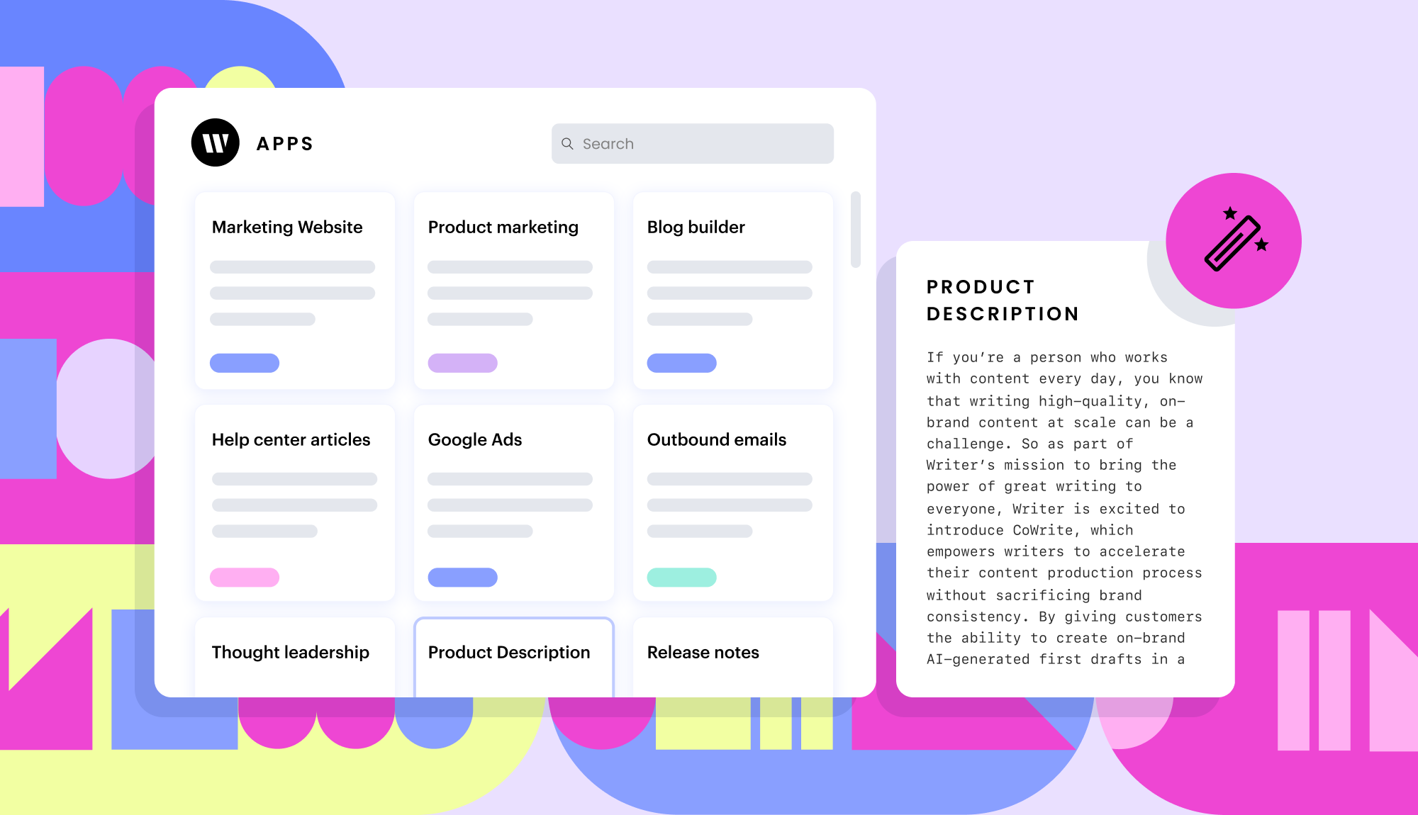 "Writer's CoWrite dashboard showcasing AI writing templates for various content types like product marketing, Google Ads, and thought leadership, alongside a detailed product description."
