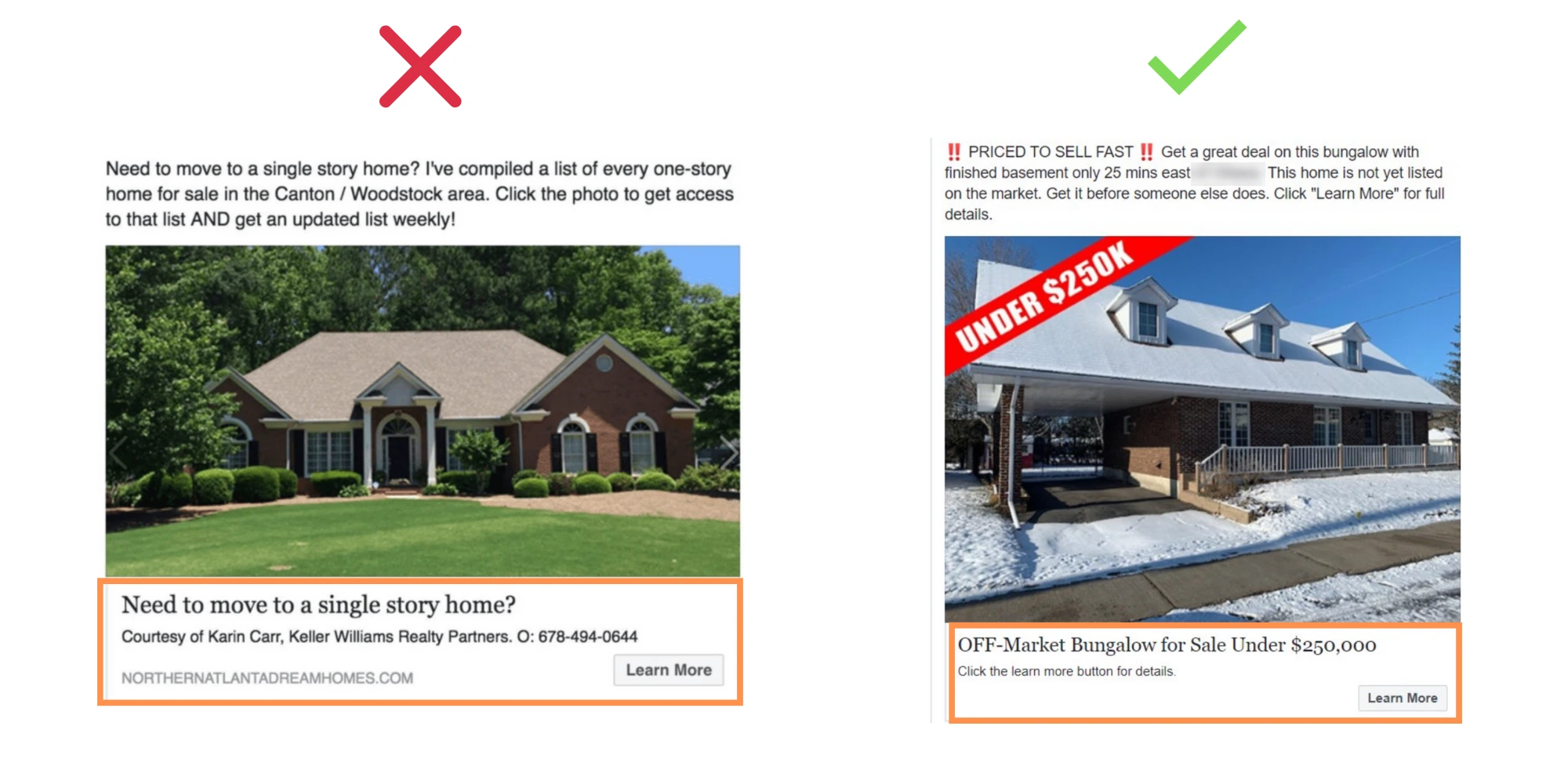 Side-by-side comparison of two real estate ads — one plain and generic with minimal design (X-marked), and one with urgency-driven copy, price overlay, and stronger visual cues (check-marked).