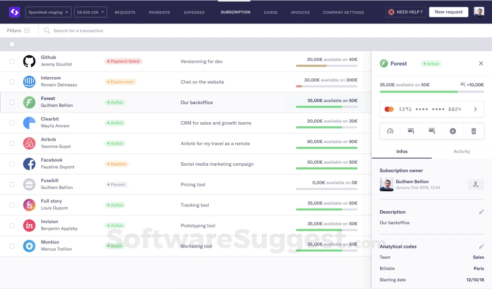A subscription management dashboard showing a list of SaaS tools with payment status indicators (e.g., Active, Expire soon, Payment failed, Paused), monthly spending, available budgets, and descriptions. The right panel provides detailed information for the selected tool (Forest), including subscription owner, available budget, payment method, and start date.