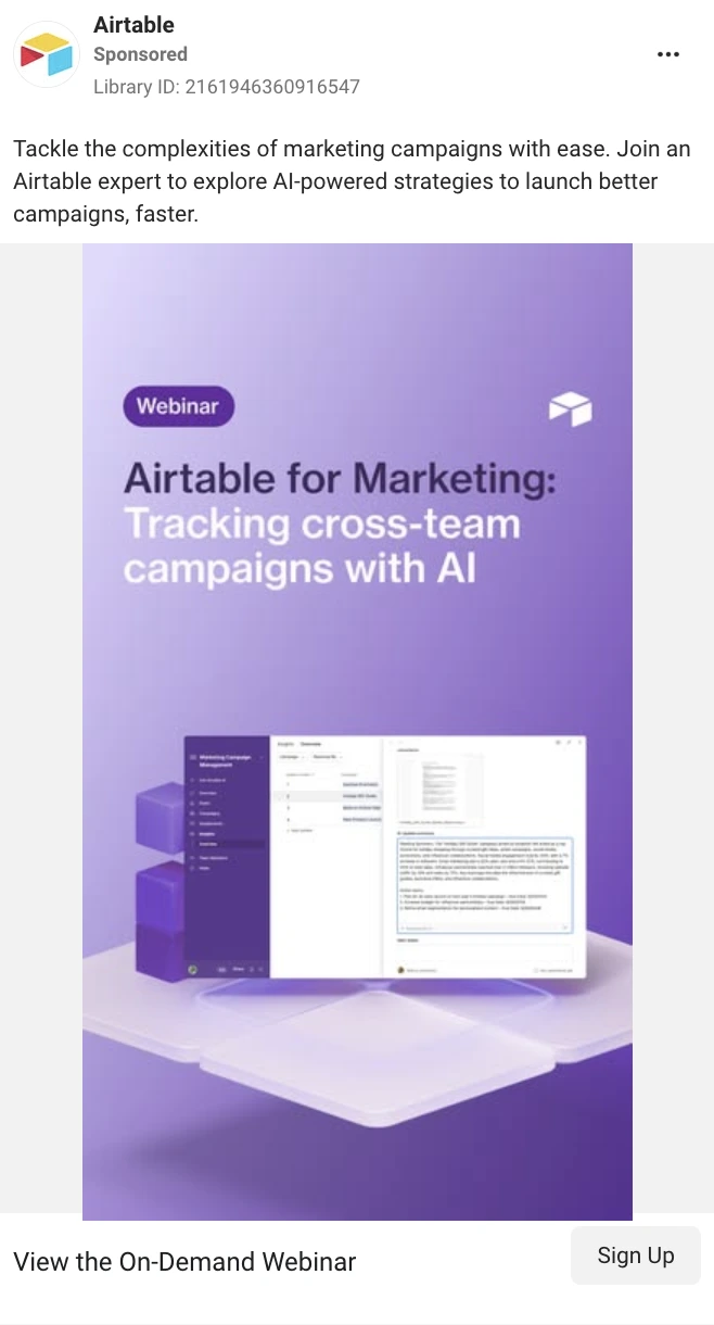 A sponsored LinkedIn ad by Airtable promoting an on-demand webinar titled “Airtable for Marketing: Tracking cross-team campaigns with AI.” The ad features a purple theme with a visual of Airtable’s interface on a virtual display and a “Sign Up” button at the bottom.
