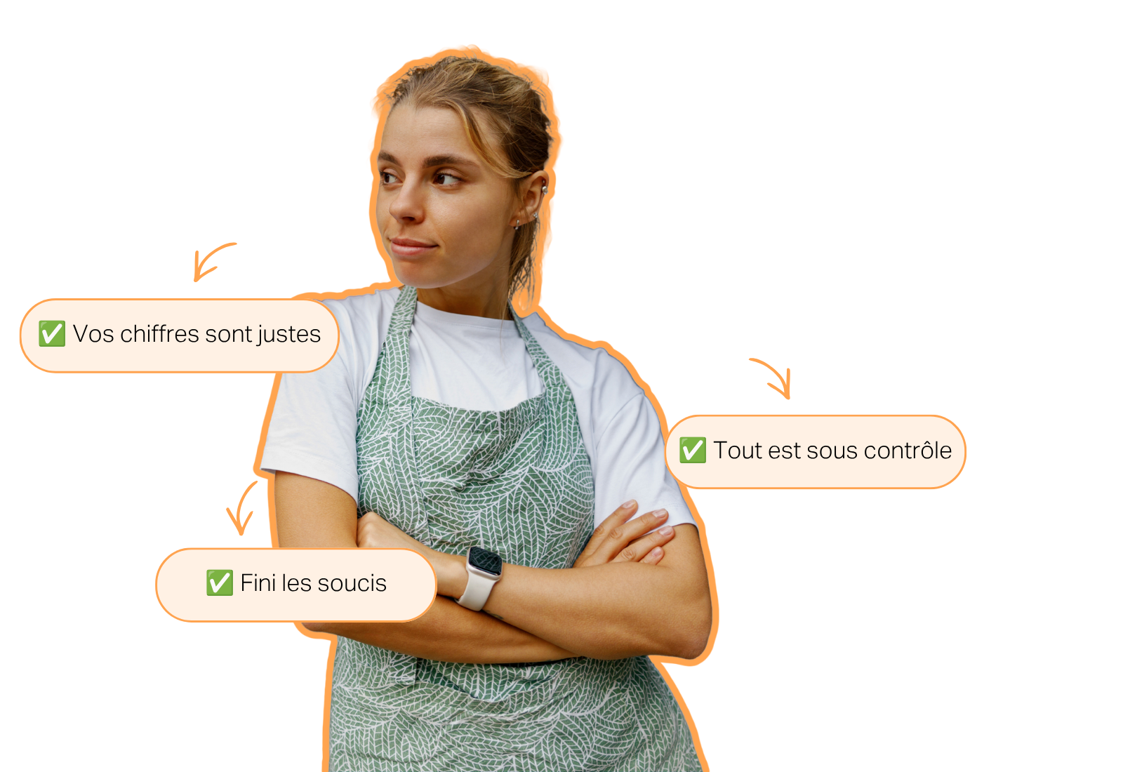 Jeune entrepreneuse souriante, entourée de messages rassurants indiquant que ses chiffres sont justes, que tout est sous contrôle et qu’elle n’a plus de soucis.