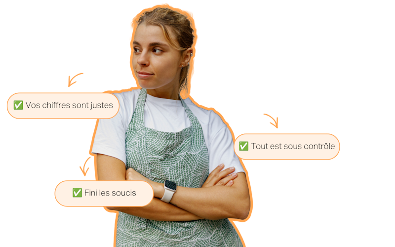 Jeune entrepreneuse souriante, entourée de messages rassurants indiquant que ses chiffres sont justes, que tout est sous contrôle et qu’elle n’a plus de soucis.