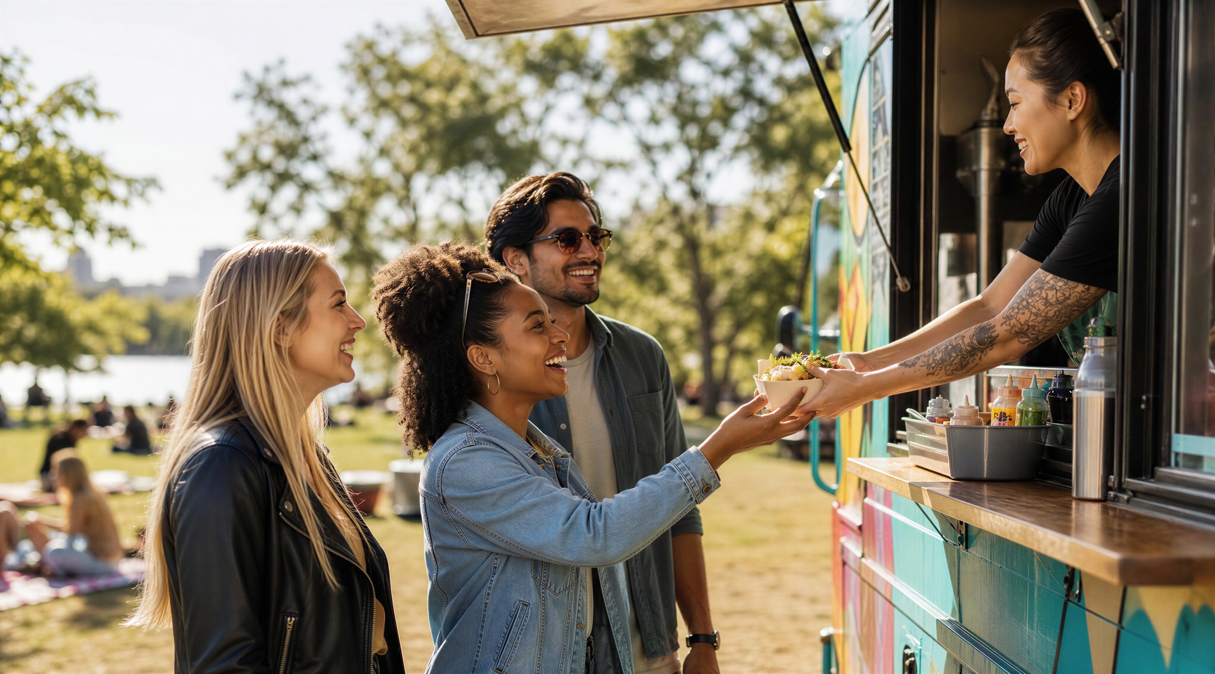 Groep vrienden bestelt bij een foodtruck in een park