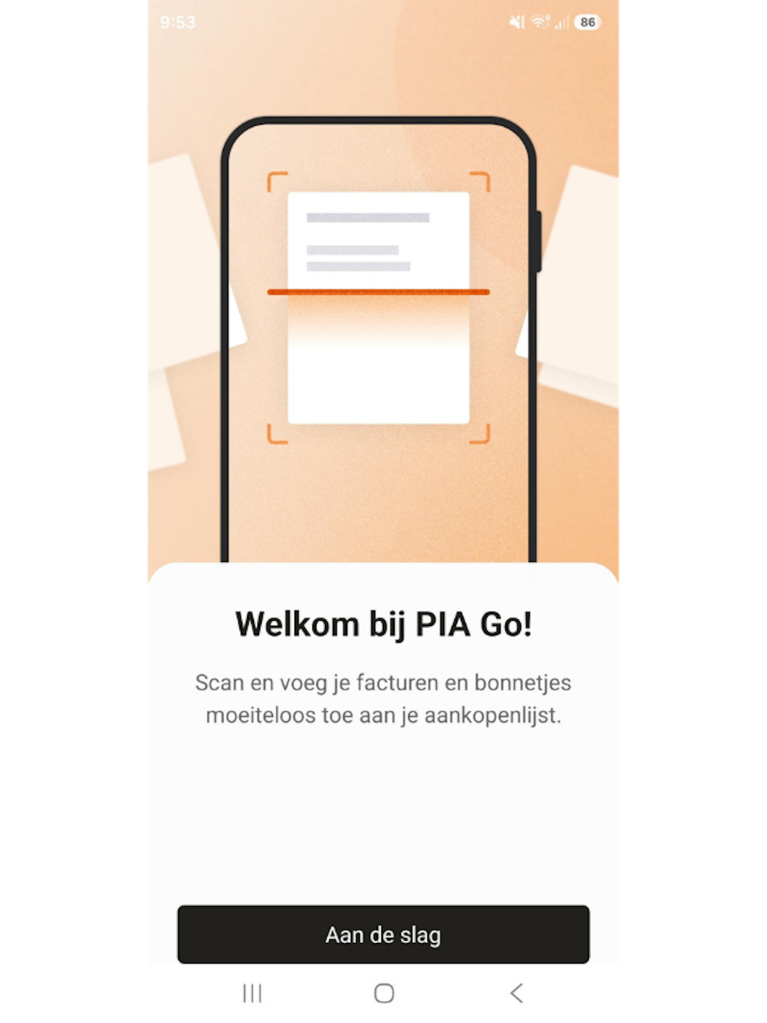 Screenshot van het welkom scherm in de PIA Go! app