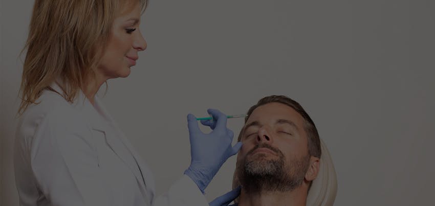 Male patient receiving facial filler injections to his forehead