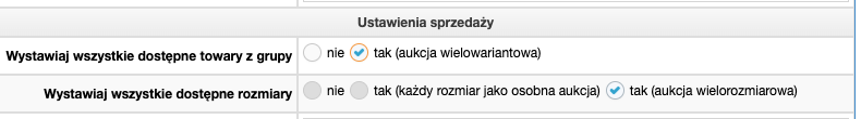 Ustawienia rodzaju oferty (akcja wielorozmiarowa)