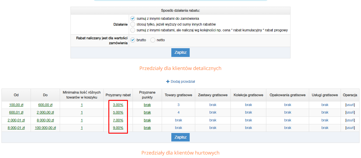 Konfiguracja przedziałów dla rabatów progowych