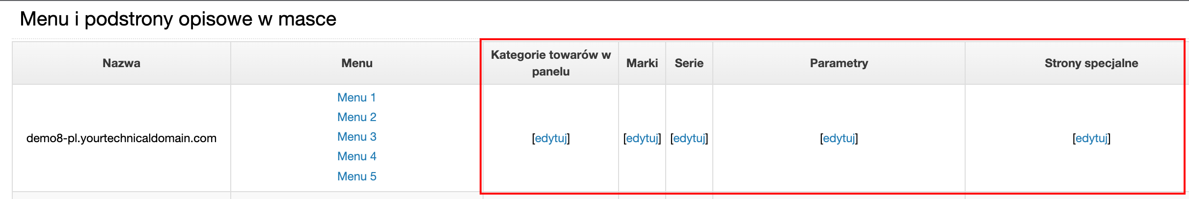 Ustawienia filtrów na podstronach innych niż menu