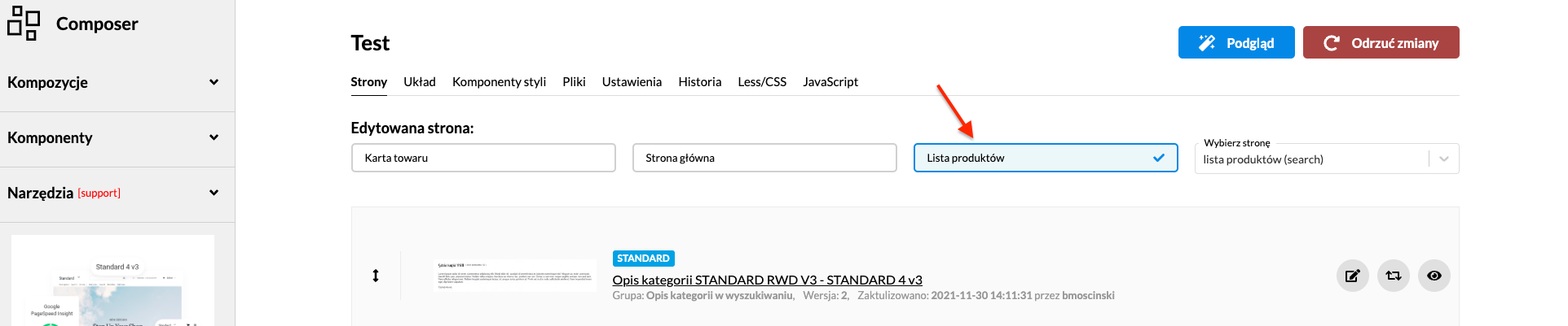 Composer  przeklik na listę towarów