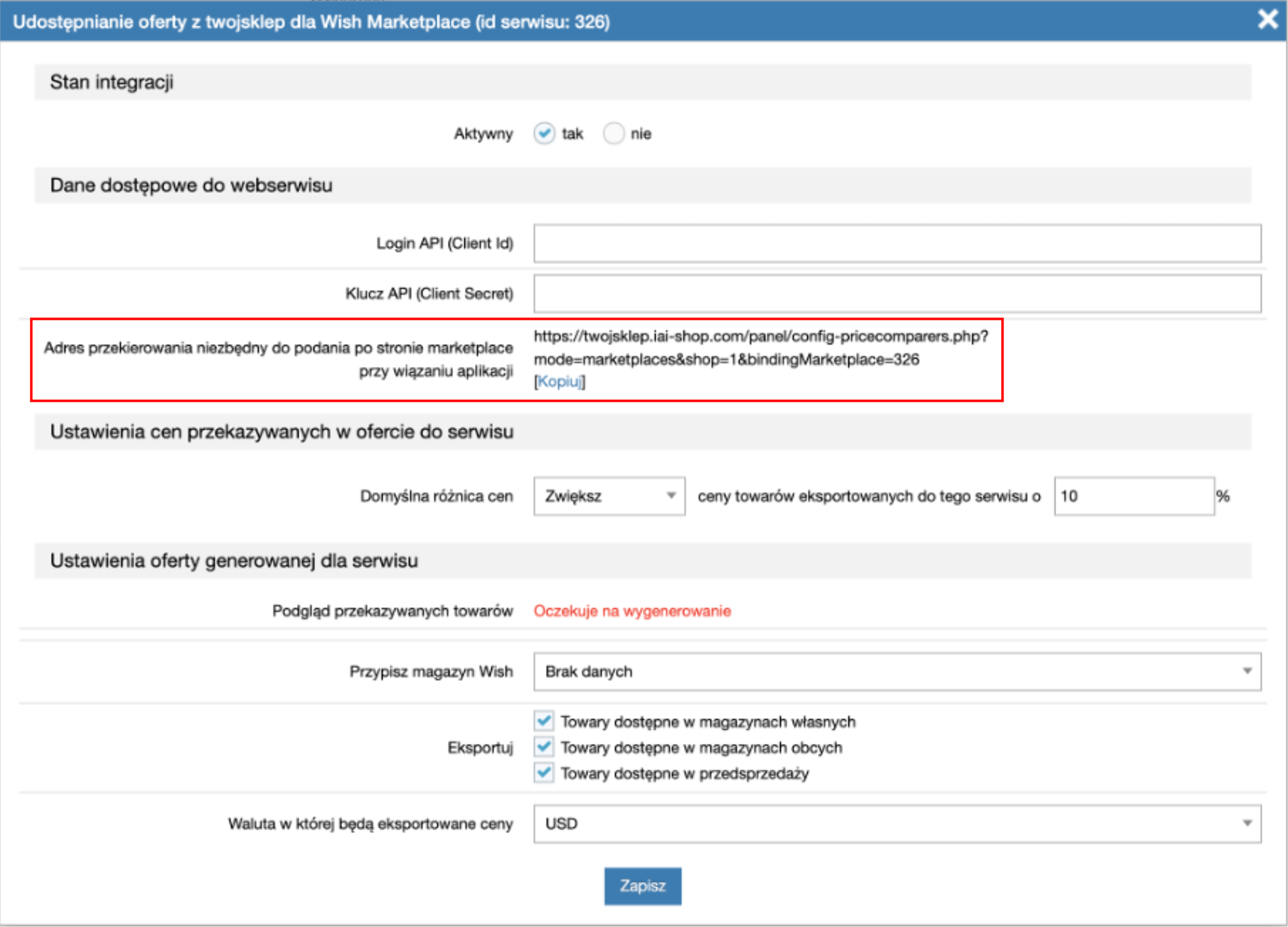 Adres do przekierowań Wish