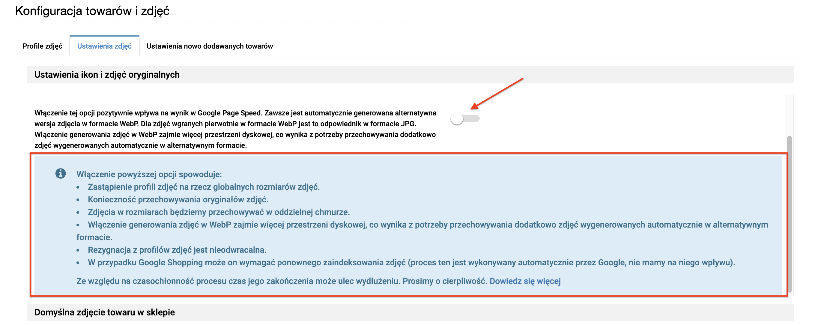Włączanie konwersji zdjęć do webP