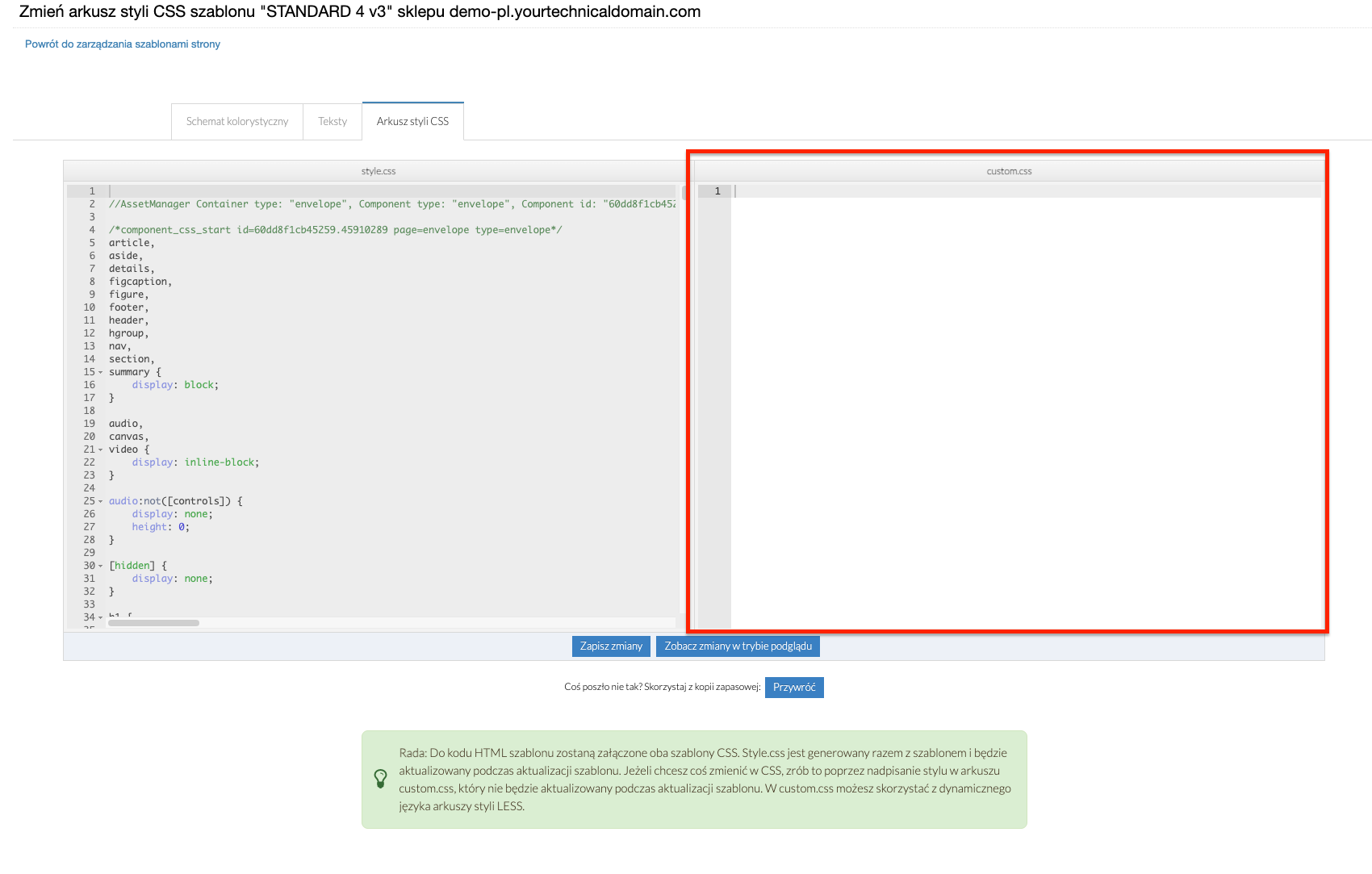 Zaznaczone pole do wprowadzenia własnego kodu CSS