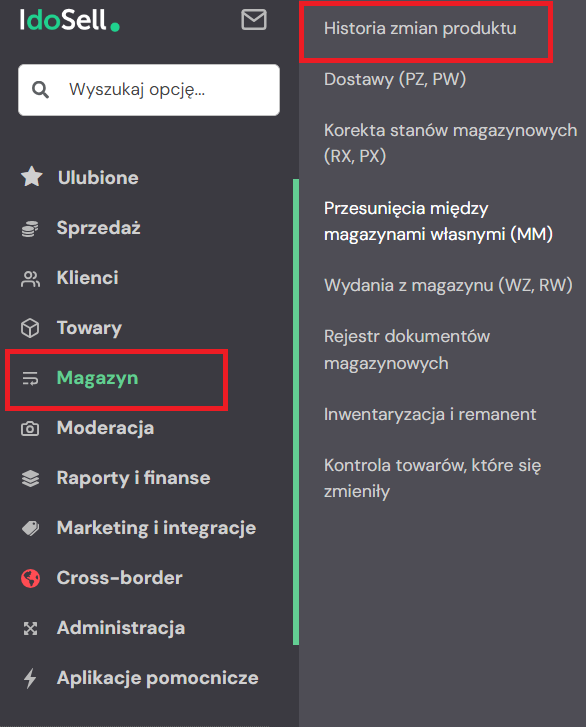 historia zmian stanów magazynowych