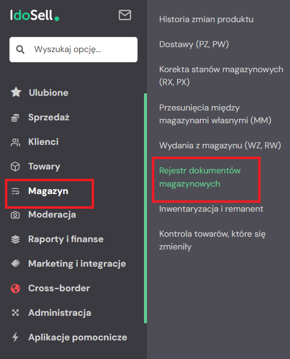 rejestr dokumentów magaznowych