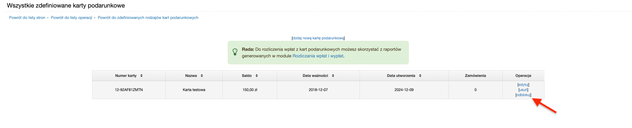 Odblokowanie karty podarunkowej