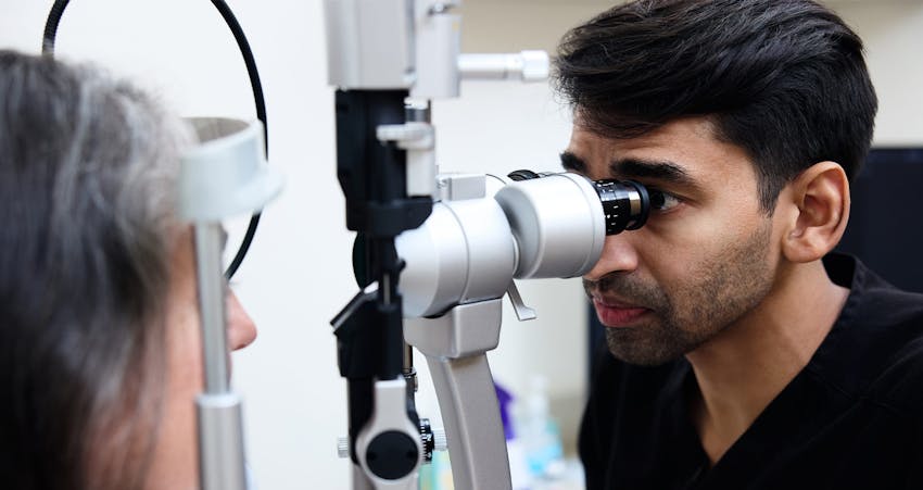 Doctor and patient during eye exam