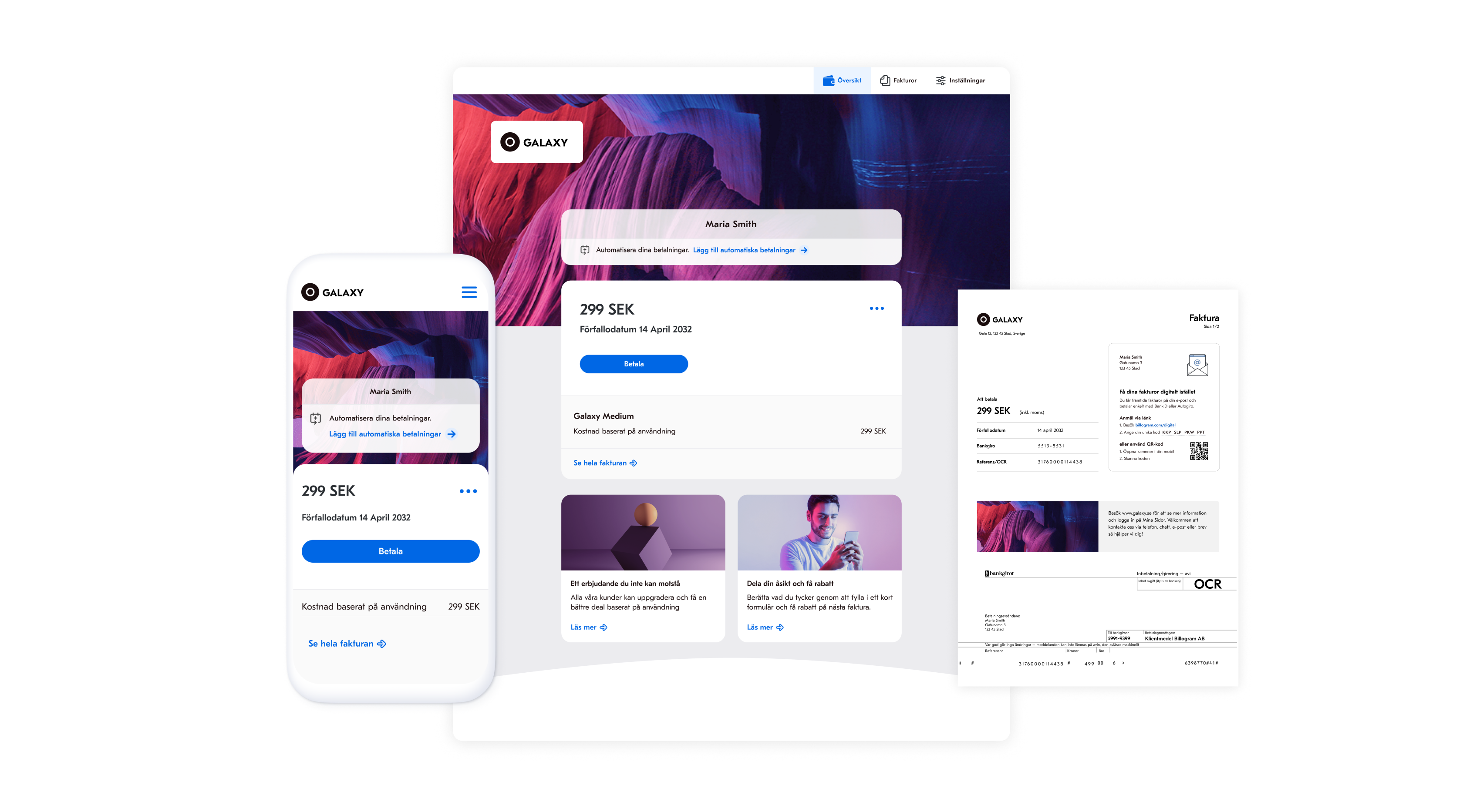 Tre skärmar visar Billogram-plattformslösningen för fakturering som fungerar på smartphone, stationär dator och surfplatta.