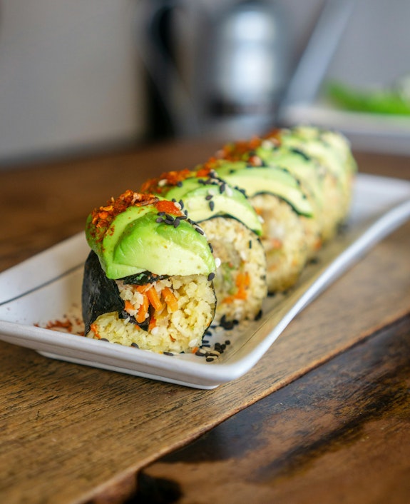 Vegan sushi on white plate