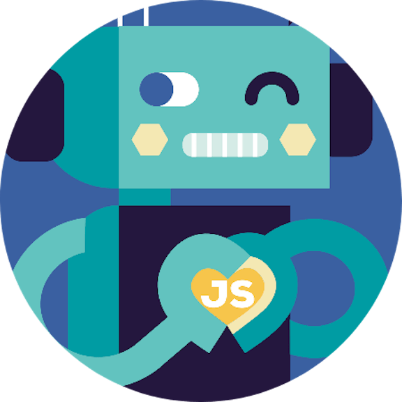 robot Illustration of a winking robot forming a heart with his robot hands: the heart is labeled with 'JS'