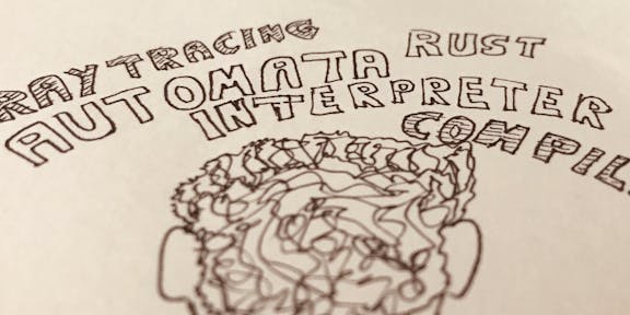 drawing of a human head from behind with scribbled text above, saying raytracing, rust, automata interpreter and compile