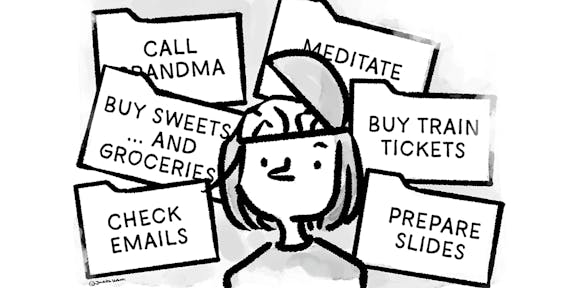 Cartoon of a girl having too many asynchronous tasks on her mind