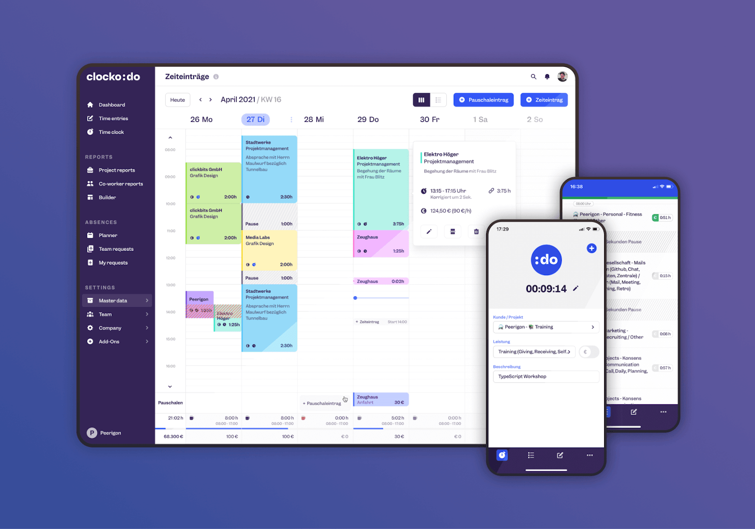 Screenshots of a responsive web app for time tracking