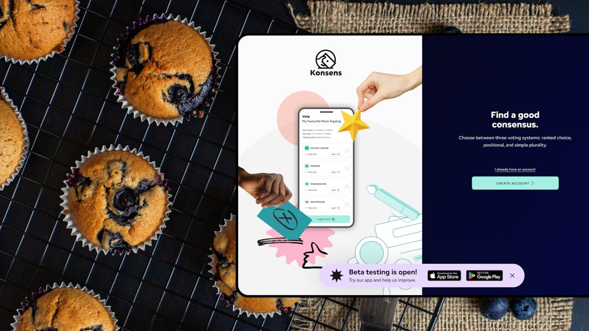 Dark, moody background of blueberry muffins on a cooling rack with a tablet displaying the Konsens app design layered over the image.