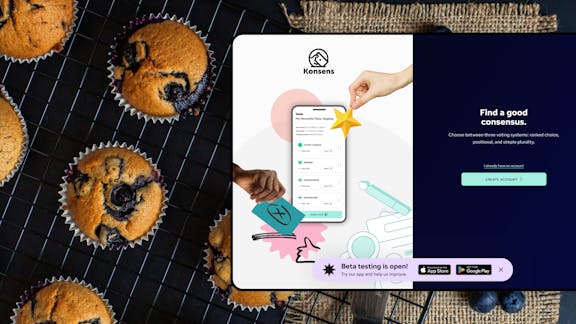 Dark, moody background of blueberry muffins on a cooling rack with a tablet displaying the Konsens app design layered over the image.