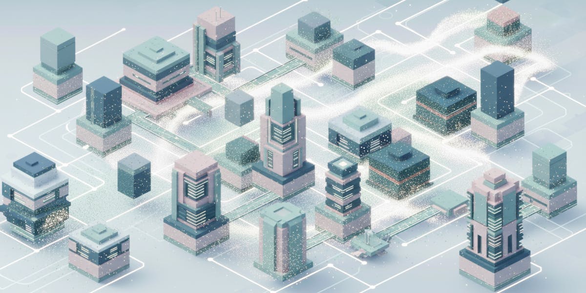 Illustration of AI software development: city of Components, surrounded by circuitry