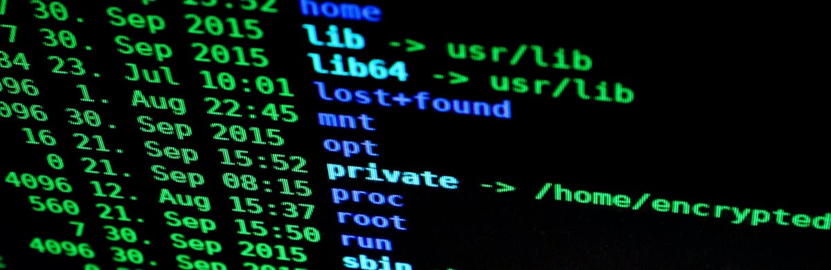 An illustrative photo of a computer terminal with green and blue text