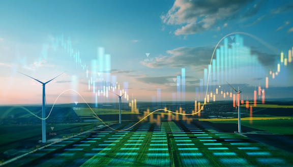 Landscape with wind turbines overlaid with financial charts symbolizing renewable energy sector and data analytics