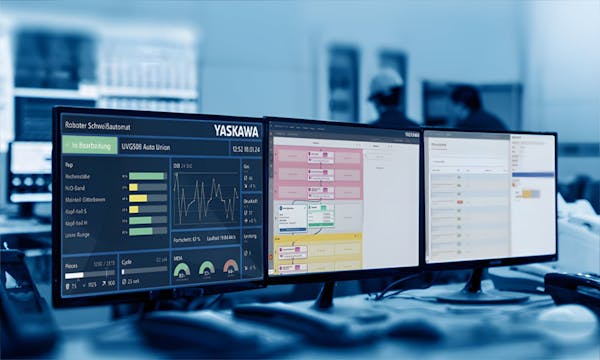 Yaskawa YPS Production Monitoring System Yaskawa production monitoring system with multiple displays showing real-time data visualization and production scheduling