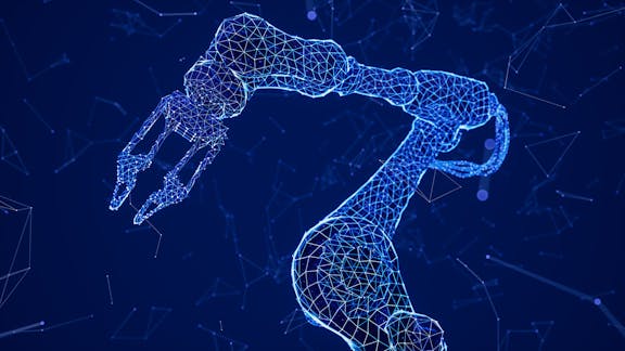Robotic Arm Digital Visualization Digital 3D wireframe illustration of a robotic arm against a blue technology background with network nodes