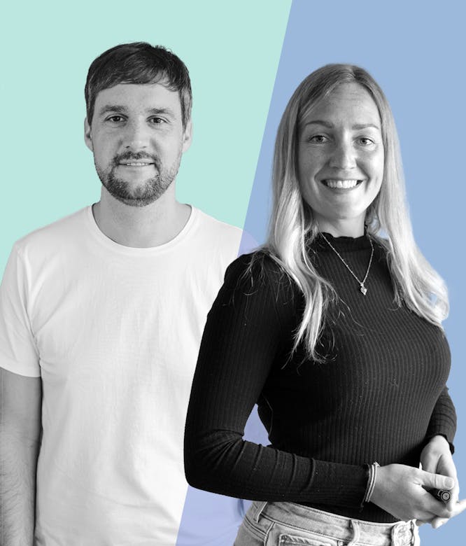 Portrait of two people: A bearded man in a white t-shirt against a turquoise background and a woman with long hair in a black ribbed top against a blue background.