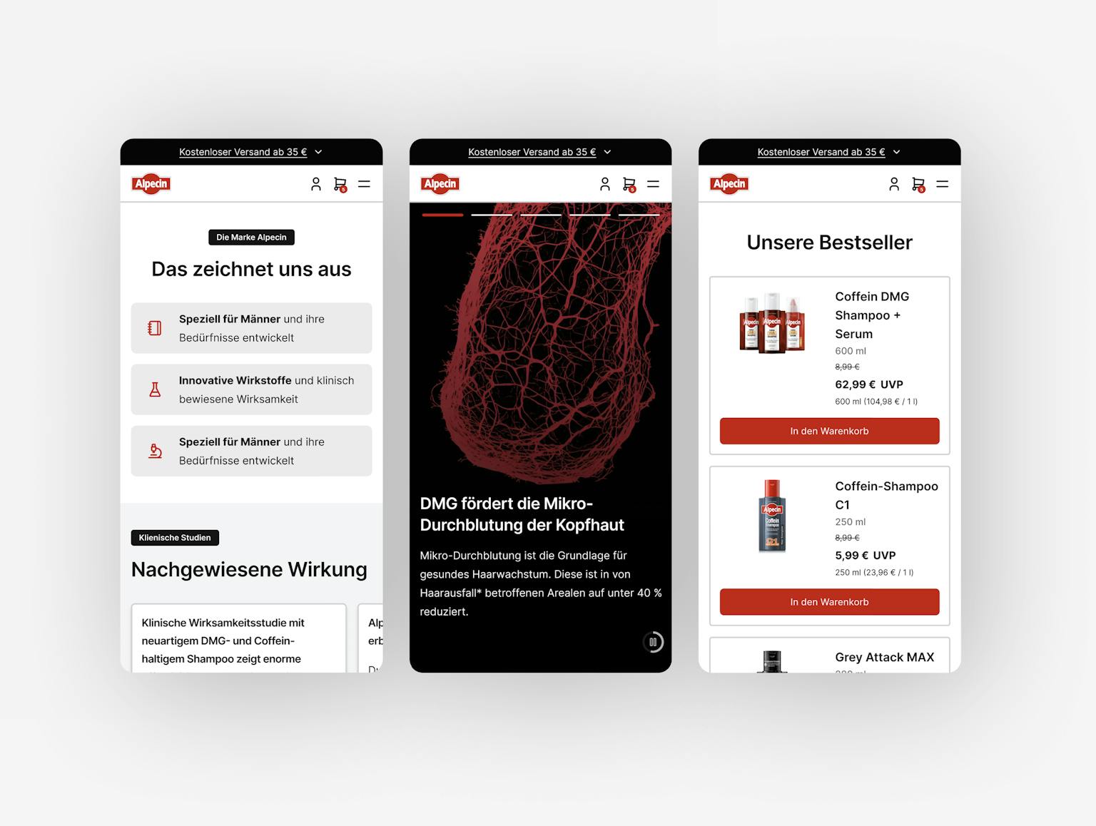 Alpecin Mobile Shop – Produktübersicht und Bestseller Alpecin-Website auf mobilen Geräten zeigt Produktinformationen, Inhaltsstoffe und Bestseller-Produkte wie Coffein-Shampoo und DMG-Serum.