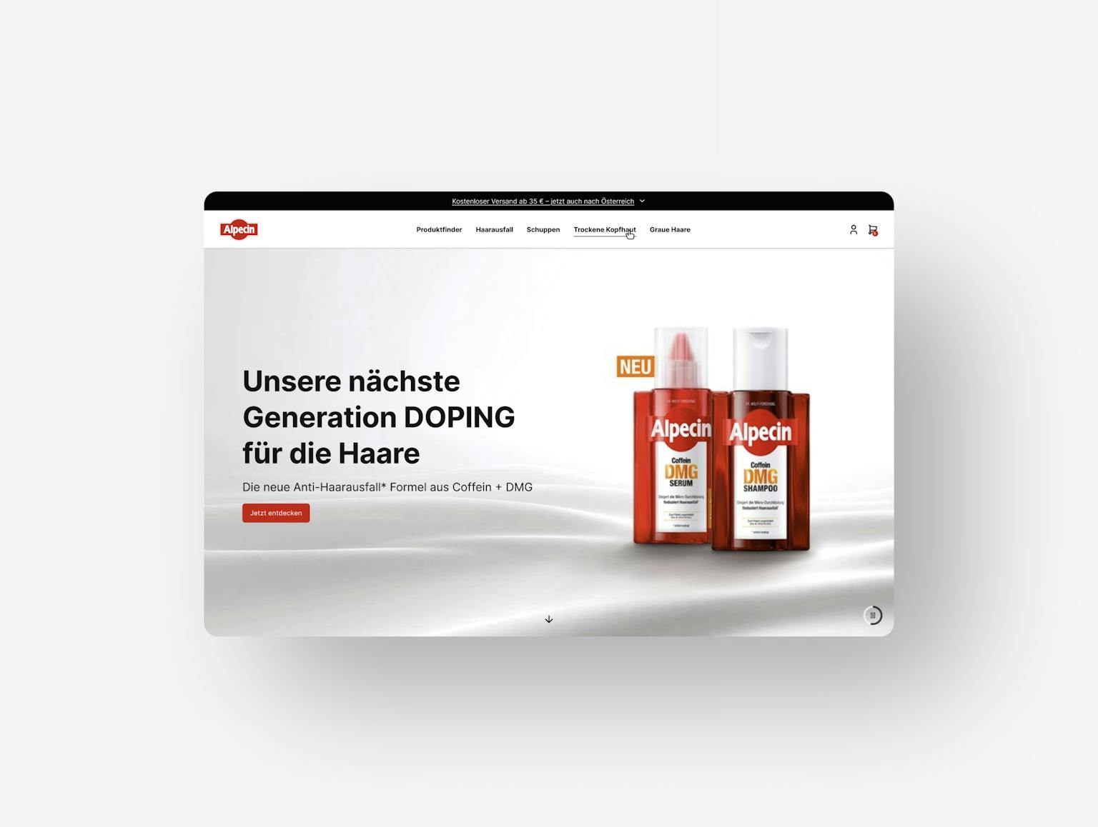 Alpecin DOPING – Nächste Generation Haarausfall-Behandlung Alpecin Doping Haarpflege Produkte: Zwei rote Flaschen mit neuer Anti-Haarausfall-Formel aus Koffein und DMG auf weißem Hintergrund