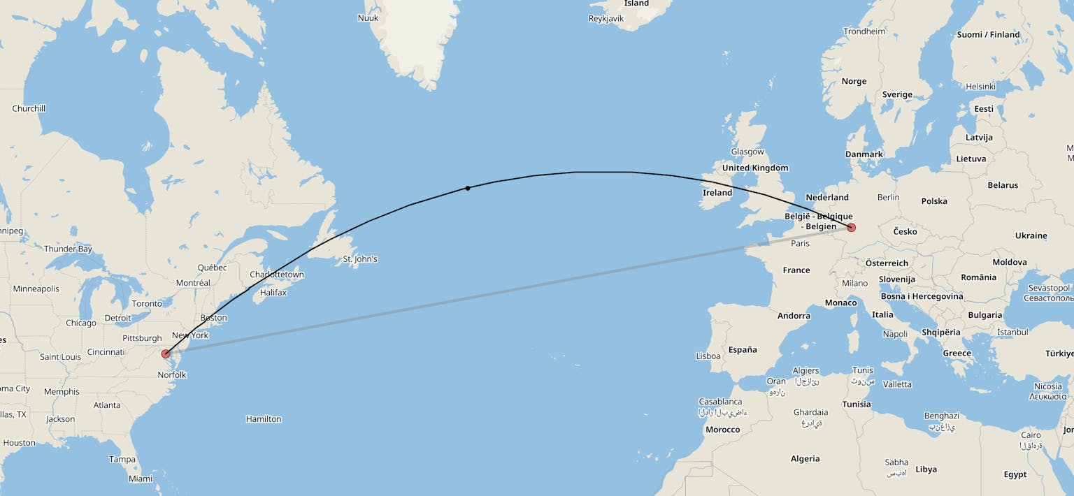 Flight route from Frankfurt am Main to a North American destination shown on a world map with a curved connection line.