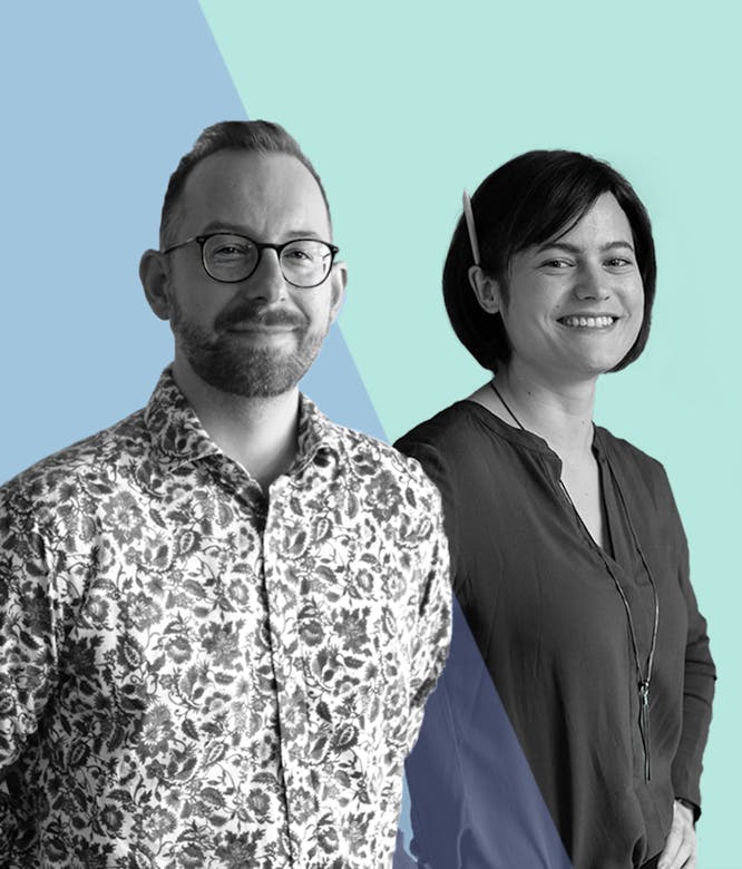 Portrait of two people against a blue and mint green background: man wearing glasses and patterned shirt, woman with dark hair wearing black top