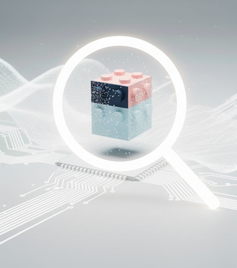 Data Analysis and Digital Search Magnifying glass revealing a colorful 3D cube block with pink, dark blue, and light blue surfaces on abstract digital background