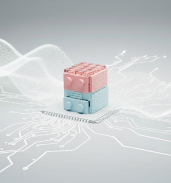 Stack of pink and blue brick-like blocks on a circuit board with digital connections and wavy background