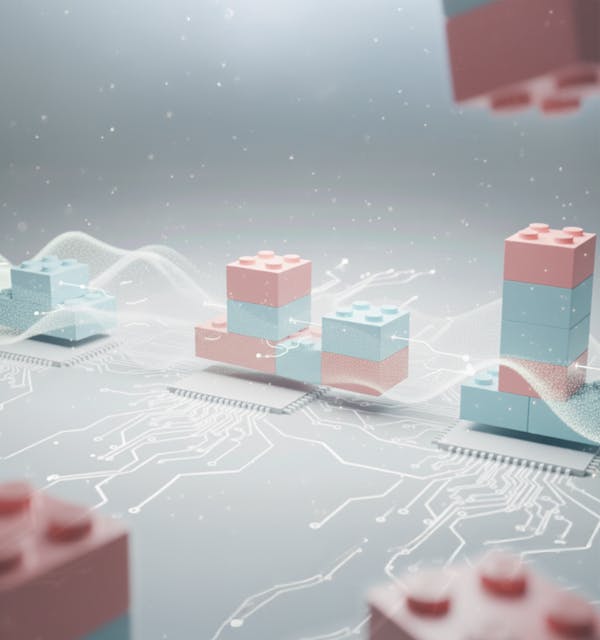 Modular Technology and Digital Innovation Abstract 3D illustration of pink and turquoise building blocks arranged on a digital circuit landscape with snow effects, symbolizing modular technology and digital innovation