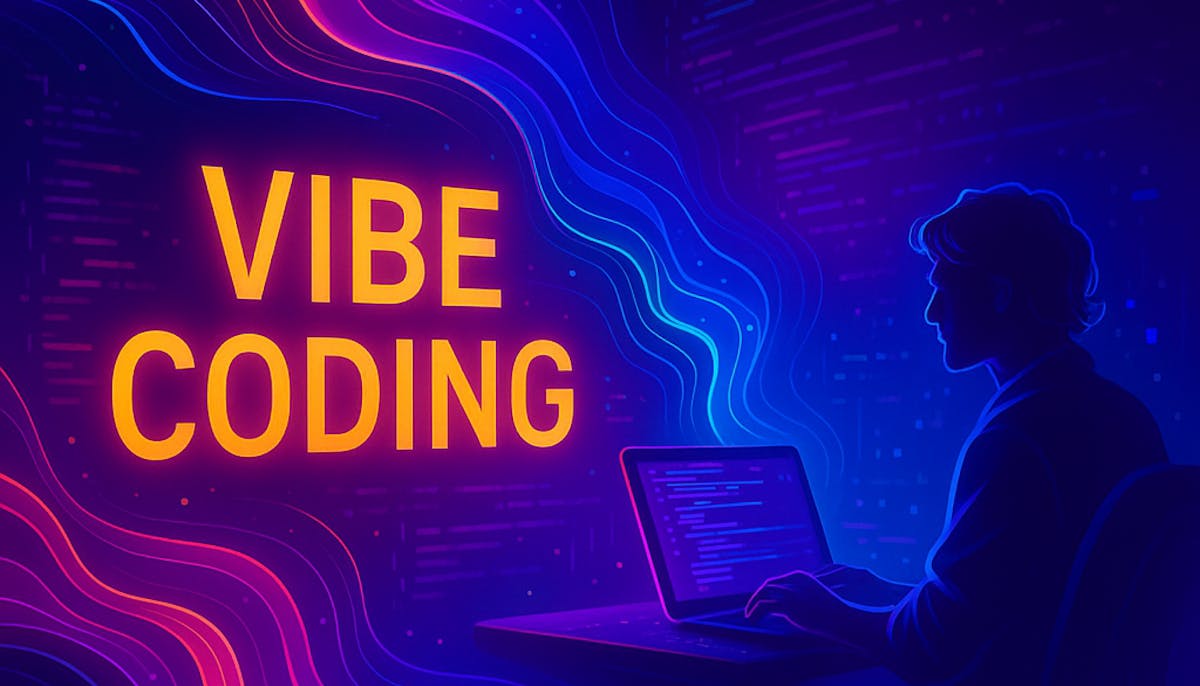 Vibe Coding – Modern Programming Silhouette of a person working at a laptop against an abstract neon blue and purple background with the text VIBE CODING